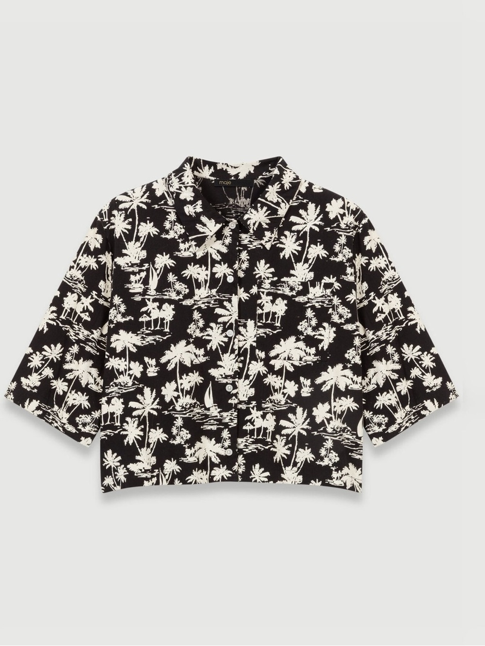 Maje Black and White Palm-Print Cropped Button-Down Shirt